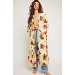 Free People Tropical Floral Yellow Silky Kimono Duster Robe